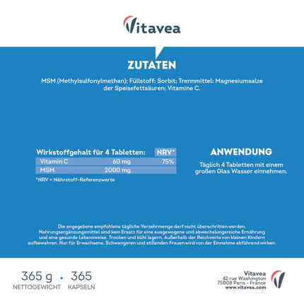 MSM 2000 mg ar C vitamīnu - 99,9% tīra MSM - 365 vegānas tabletes - Laboratorijā pārbaudīts, bez nevēlamām piedevām - Vitavea