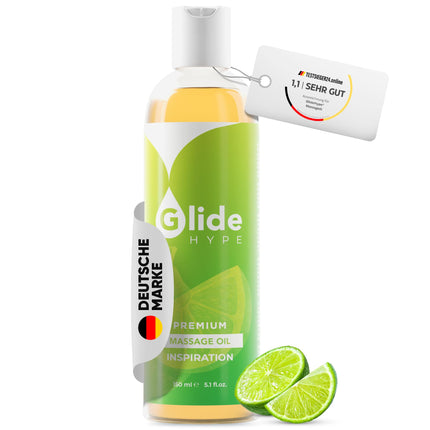GlideHype PREMIUM masāžas eļļa IEDVESMA ar laima aromātu | Ādas kopšanas lubrikants jutekliskām masāžām un relaksācijai (150 ml)