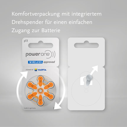 Power One dzirdes aparāta baterijas, 13. tips, oranžas, 60 baterijas, uzglabāšanas komplekts, apstiprinātas bezvadu lietošanai, P13 izmērs dzirdes aparātiem un dzirdes palīglīdzekļiem, augsts dzirdes līmenis, bez dzīvsudraba, ražotas Vācijā