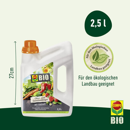 COMPO BIO augļu un dārzeņu mēslojums - organiskais šķidrais mēslojums augļiem un dārzeņiem - kālija mēslojums - 2,5 litri