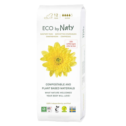 Eco by Naty Super higiēniskās paketes – augu izcelsmes un absorbējošas organiskās higiēniskās paketes ar spārniņiem, menstruāciju līdzeklis, kas izgatavots no organiskās kokvilnas, labāk piemērots sieviešu veselībai (12 iepakojums)