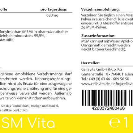 Cellavita – organiskais sēra MSM Vita pulveris, augsta deva un 99,9% tīrs – tīrs metilsulfonilmetāna pulveris 1 kg iepakojumā – MSM pulveris bez piedevām un konservantiem – ražots Vācijā