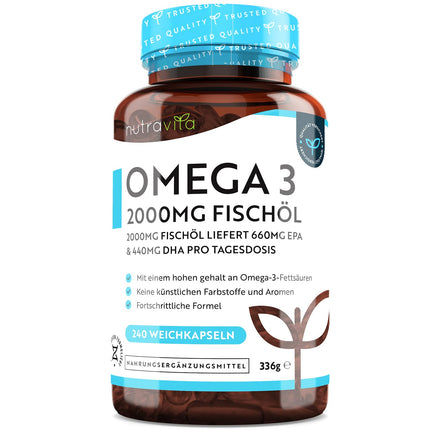 Omega 3 kapsulas, lielas devas 240–2000 mg zivju eļļas kapsulas ar 660 mg EPA un 440 mg DHA vienā porcijā — Omega 3 eļļa, tīra zivju eļļa no ilgtspējīgas zvejniecības — Testēts/sertificēts Vācijā — Nutravita