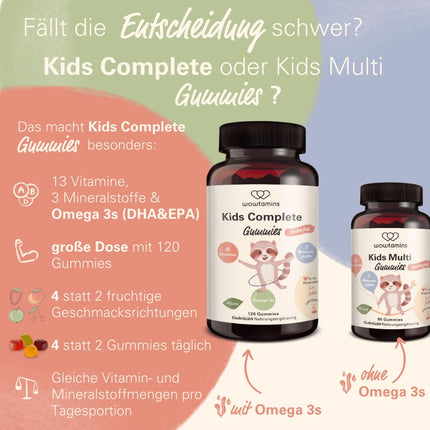 wowtamins Kids Complete bez cukura - vegānas multivitamīnu želejkonfektes ar Omega 3 (30 dienu piegāde) - vitamīni bērniem - uztura bagātinātājs imūnsistēmai ar C, D3, B12 vitamīniem, cinku un citiem vitamīniem