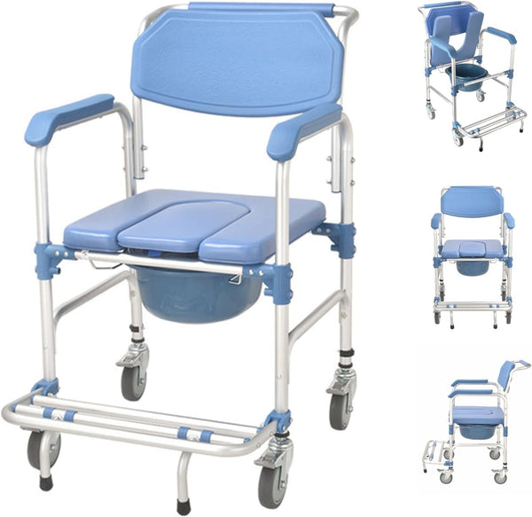 Dušas krēsls ar riteņiem, tualetes krēsls senioriem, ratiņkrēsls ar dušas sēdekli, ūdensnecaurlaidīgs krēsls, tualete, celtspēja 150 kg pacientiem, senioriem, grūtniecēm ar invaliditāti