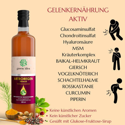 Zaļā ideja - Artroregen - glikozamīns-hondroitīns-MSM - intensīvs locītavu komplekss - 100% dabīgs sīrups - locītavu uzturs - skrimšļu aizsargs ar hialuronskābi, MSM - sporta uzturs - 500 ml