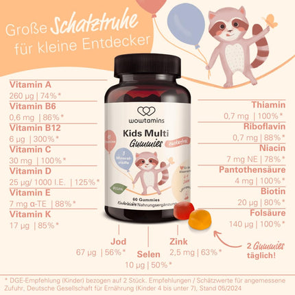 wowtamins Kids Complete bez cukura - vegānas multivitamīnu želejkonfektes ar Omega 3 (30 dienu piegāde) - vitamīni bērniem - uztura bagātinātājs imūnsistēmai ar C, D3, B12 vitamīniem, cinku un citiem vitamīniem