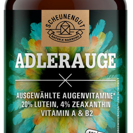 ADLERAUGE® acu vitamīni augstai devai — SVARĪGI: Laboratorijā pārbaudīts zīmola komplekss ar luteīnu, zeaksantīnu, melleņu ekstraktu, beta-karotīnu, A+B vitamīniem un citiem līdzekļiem | 120 gab. -DE- SCHEUNENGUT®