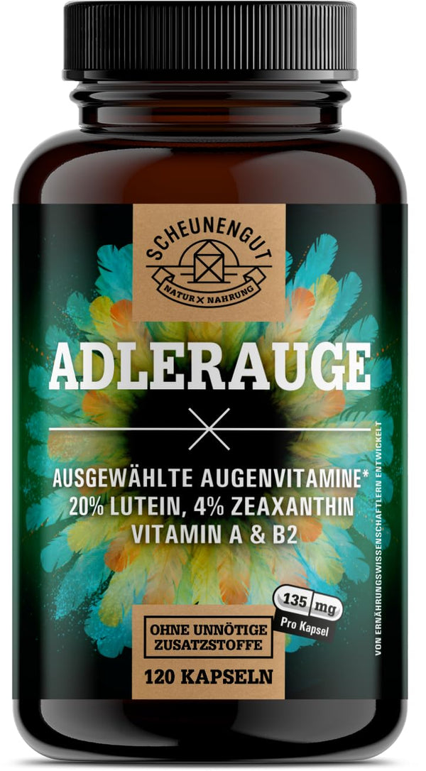 ADLERAUGE® acu vitamīni augstai devai — SVARĪGI: Laboratorijā pārbaudīts zīmola komplekss ar luteīnu, zeaksantīnu, melleņu ekstraktu, beta-karotīnu, A+B vitamīniem un citiem līdzekļiem | 120 gab. -DE- SCHEUNENGUT®