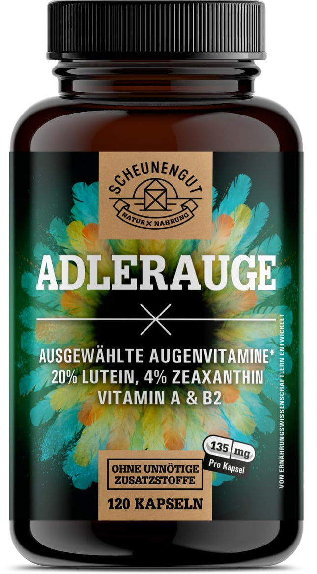 ADLERAUGE® acu vitamīni augstai devai — SVARĪGI: Laboratorijā pārbaudīts zīmola komplekss ar luteīnu, zeaksantīnu, melleņu ekstraktu, beta-karotīnu, A+B vitamīniem un citiem līdzekļiem | 120 gab. -DE- SCHEUNENGUT®