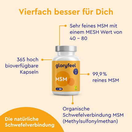 MSM kapsulas - 365 vegānas kapsulas - Laboratorijā pārbaudīts 1600 mg metilsulfonilmetāna (MSM) vienā dienas devā - 99,9% tīrs MSM pulveris - Augsta deva un bez piedevām, ražots Vācijā