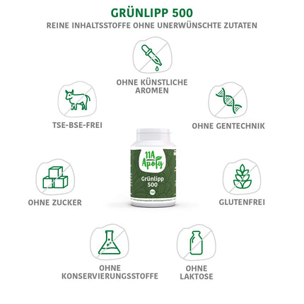 Green-lipped 500 ar zaļajām gliemenēm no Jaunzēlandes, 1000 mg dienā, laboratoriski pārbaudīts, 150 kapsulas