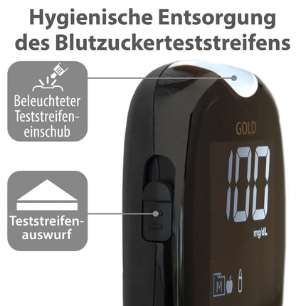 GlucoCheck GOLD asins glikozes mērītājs (mg/dl) glikozes līmeņa asinīs paškontrolei diabēta slimniekiem