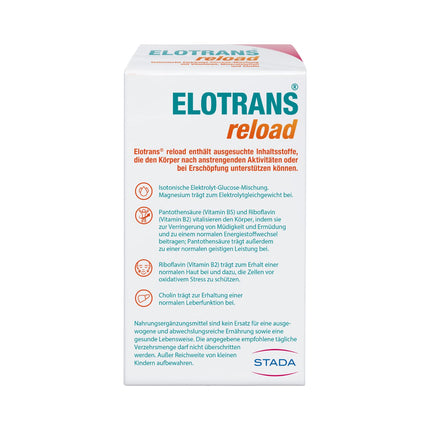 ELOTRANS reload - izotonisks elektrolītu-glikozes maisījums - uztura bagātinātājs ar magniju, kālija hlorīdu, holīnu un B vitamīniem - 1 x 15 paciņas