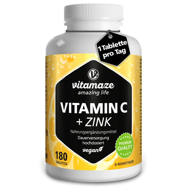 Augstas devas C vitamīns 1000 mg + cinks, vegāns un optimāli bioloģiski pieejams, 180 tabletes 6 mēnešiem, dabīgs uztura bagātinātājs bez liekām piedevām, ražots Vācijā