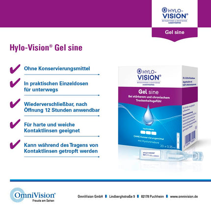 Hylo-Vision Gel sine acu pilieni – intensīvi mitrinoši stipri un hroniski sausām acīm, ideāli piemēroti lietošanai ārpus telpām, ļoti viskozi, bez konservantiem, piemēroti kontaktlēcām, 60 x 0,35 ml