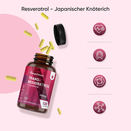 Resveratrola kapsulas - 500 mg trans-resveratrola ar 50 mg kvercetīna - 4 mēnešu krājums - OPC kapsulu alternatīva - 120 vegānas kapsulas bez magnija stearāta - polifenoli no dirzenēm - WeightWorld