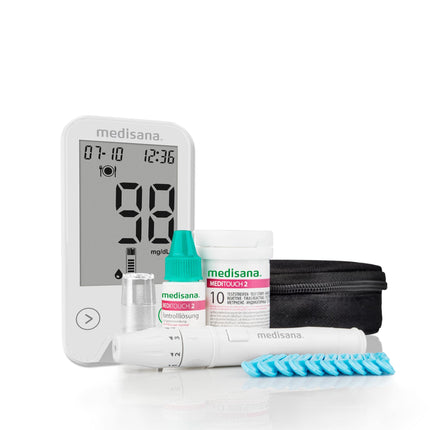 Medisana MediTouch 2 mg/dL asins glikozes mērītājs, sākuma komplekts ar testa strēmelītēm diabēta slimniekiem, lancetēm glikozes līmeņa asinīs kontrolei, diabēta komplekts, eksprestests