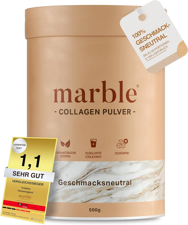 marble® kolagēna pulveris 500 g - kolagēna peptīdi ādas mirdzumam - 60 dienu bezriska izmēģinājums - augstas devas aminoskābju komplekss - kolagēna pulveris kartona traukā bez plastmasas karotes - bezgaršīgs