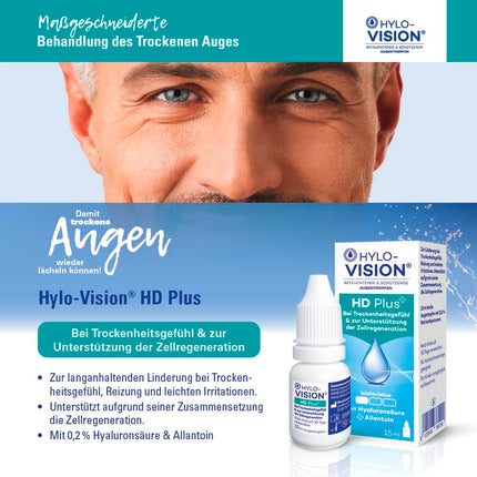 Hylo-Vision HD Plus acu pilieni – mitrina un aizsargā sausas un kairinātas acis, veicina šūnu atjaunošanos, nedaudz viskozi, piemēroti kontaktlēcām, 2 x 15 ml