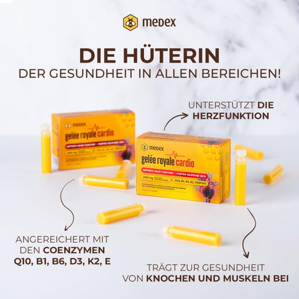 Medex Royal Jelly Cardio 2000 mg - sirds vitamīni - ar peru pieniņu, Q10, B1, D3, K2 vitamīniem un propolisu - uztura bagātinātājs - 10 ampulas - 10 dienas