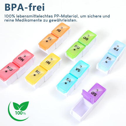 JANUIXCO Tablešu kastīte 7 dienām Rīts Vakars - Tablešu kastīte 7 dienām 2 nodalījumi noņemami, bez BPA - Zāļu kastīte 14 nodalījumi viegli atverami, lietošanai ceļā