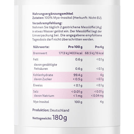 efektīva daba — Inositol Pure — 180 g tīra mioinozitola pulvera — 4000 mg mioinozitola dienā — pietiek 45 dienām