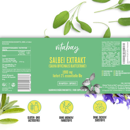 Vitabay salvijas ekstrakts 1900 mg - 90 vegānas salvijas kapsulas ar augstu devu - tabletes no lapu ekstrakta (Salvia officinalis, 2% ēteriskās eļļas) - kapsulas kā ekstrakts 10:1