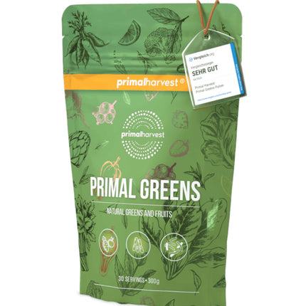 Primal Harvest Super Greens pulveris ar 27 augu savienojumiem, tostarp spirulīnu un kviešu dīgstiem, 30 porcijas