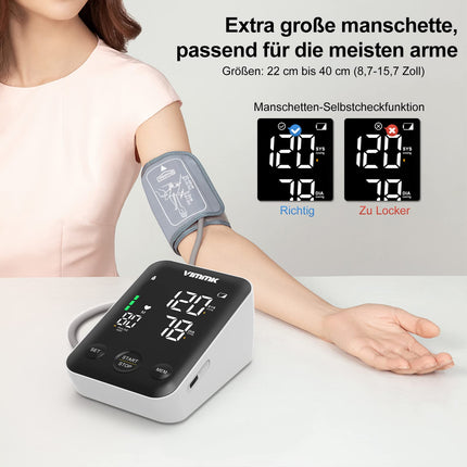 Vimmk asinsspiediena mērītājs augšdelmam, digitālais asinsspiediena mērītājs ar LED displeju, aritmijas noteikšana un pulsa mērīšana, 2x120 atmiņa, aproce 22-40cm