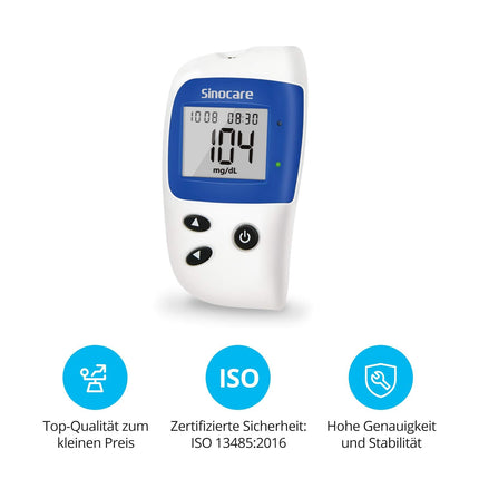 sinocare asins glikozes mērītājs, glikozes mērītājs ar asins glikozes testa strēmelītēm 50, nesāpīgs un ātrs, mazs parauga tilpums - mg/dL (Safe-Accu2 asins glikozes mērītāja 50 komplekts)