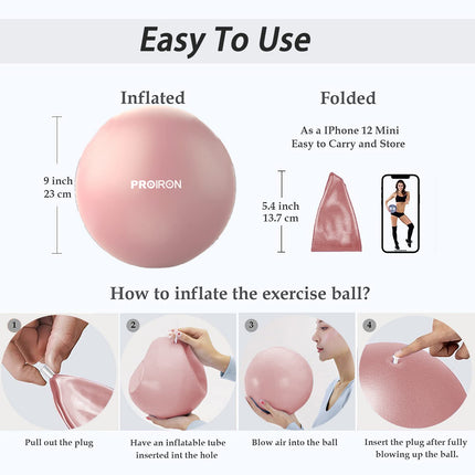 PROIRON vingrošanas bumba maza 25 cm, Pilates bumba ar treniņu instrukcijām, fitnesa bumba maza ar piepūšamu salmiņu, vingrošanas bumba Pilates, jogai, visa ķermeņa treniņam - rozā