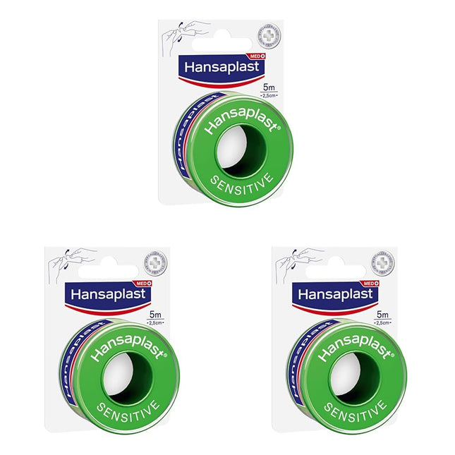 Hansaplast fiksācijas plāksteris jutīgajam (5 m x 2,5 cm), hipoalerģiska lente brūču pārsēju ādai draudzīgai fiksācijai, līmplākstera rullis ar spēcīgu līmes izturību (3 gab. iepakojumā)