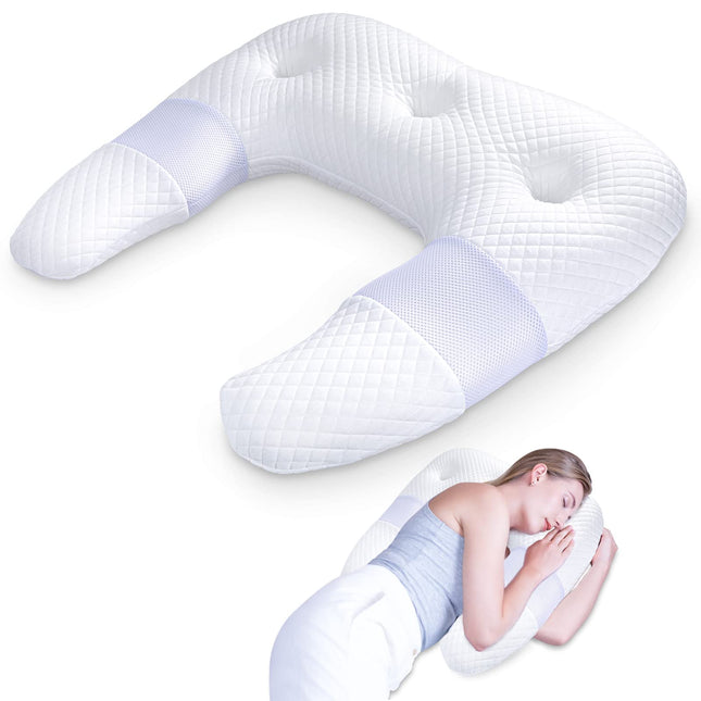 SAHEYER sānu gulētāja spilvens, U veida atmiņas putu kakla spilvens, ergonomisks ortopēdisks kakla atbalsta spilvens ar ausu balstiem, gultas kontūras spilvens kakla un plecu sāpju mazināšanai (balts)
