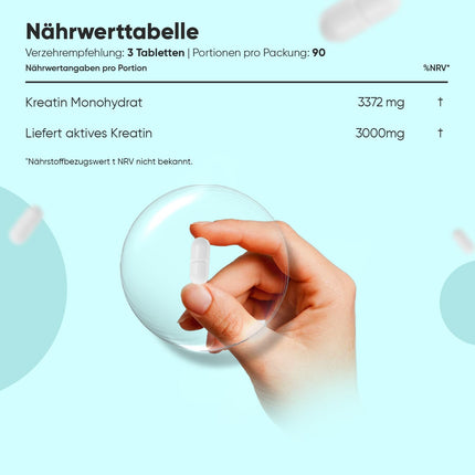 Kreatīna monohidrāta tabletes - 3000 mg vienā porcijā - 270 vegāniskas kreatīna tabletes - 3 mēnešu krājumi - kreatīns - kapsulu un pulvera alternatīva - bez glutēna un magnija stearāta - WeightWorld