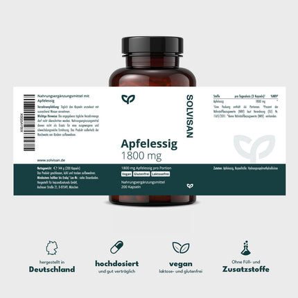 SOLVISAN - ābolu sidra etiķa kapsulas - 1800 mg dienā - 200 kapsulas - ražots Vācijā - vegāns, laboratoriski pārbaudīts un bez piedevām