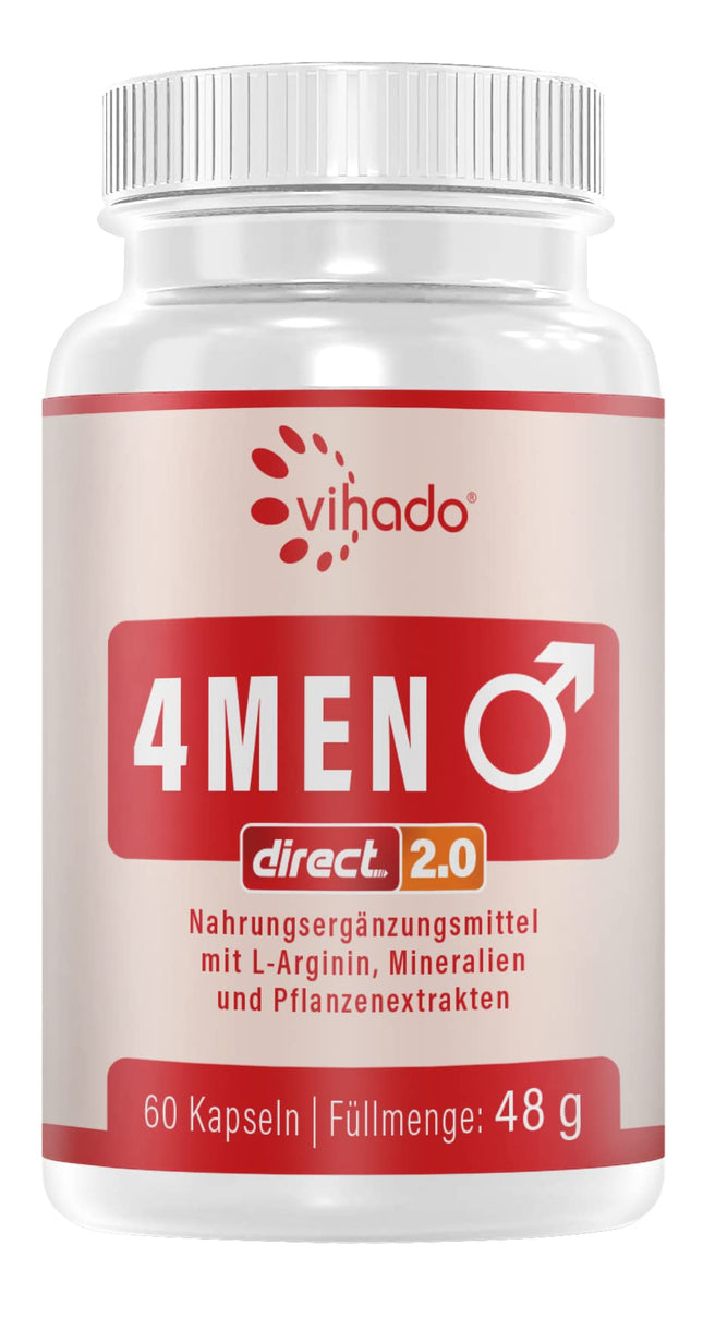 Vihado 4MEN direct 2.0 - vīriešu kapsulas ar īpaši spēcīgu iedarbību - TŪLĪTĒJA augstas devas formula - ar L-arginīnu, maka, Tribulus Terrestris, žeņšeņu, 60 kapsulas