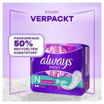 Always Daily ikdienas ieliktnīši sievietēm, Normal To Go Fresh (20 ieliktnīši) ar svaigu aromātu, elastīgi un ērti, elpojoši