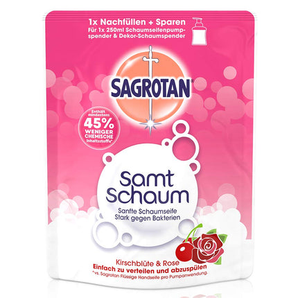 Sagrotan Velvet Foam Refill Cherry Blossom &amp; Rose – 8 x 250 ml putu ziepes praktiskā izdevīgā iepakojumā