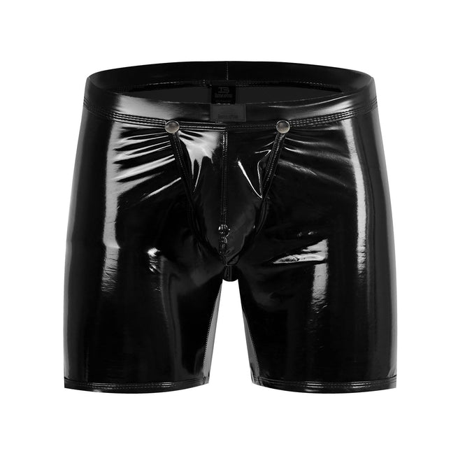 Bodywear4you vīriešu ādas bokseršorti ar spīdīgu lakādas izskatu, mitra izskata seksīga apakšveļa, kluba apģērba žokššorti ar atvērtu kājstarpi, šorti ar garām biksēm (melnas, XXL)