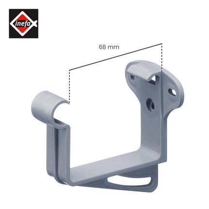 INEFA fasādes dēļa turētājs, notekcaurules turētājs kastes formas NW68 / 68mm 1 gab., pelēks notekcaurules turētājs no PVC-U plastmasas kastes formas notekcaurulēm, ražots Vācijā