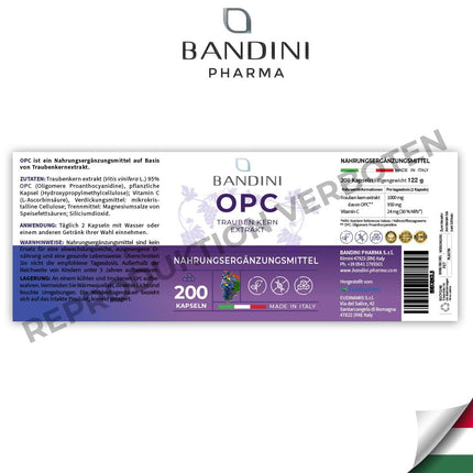 Bandini® vīnogu kauliņu ekstrakts 200 kapsulas 3 mēnešiem | Augsta OPC koncentrācija ar 95% katrā kapsulā | Augstākais saturs saskaņā ar HPLC | No Itālijas vīnogām | 1052 mg ekstrakta ar 999,4 mg OPC + 24 mg C vitamīna