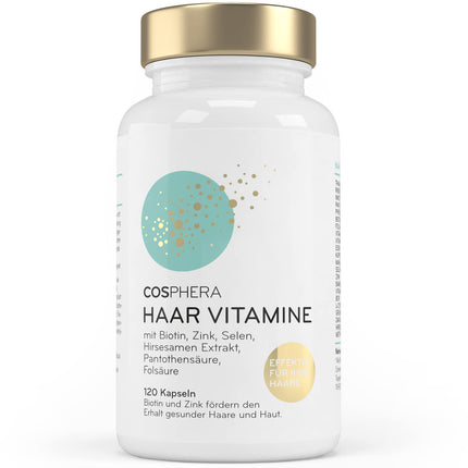 Cosphera matu vitamīni - lielas biotīna, selēna un cinka devas, kas veicina normālu matu veselību. Plus folskābe un prosas sēklu ekstrakts (bagāts ar silīciju) — 120 vegānas kapsulas 2 mēnešu daudzumā.