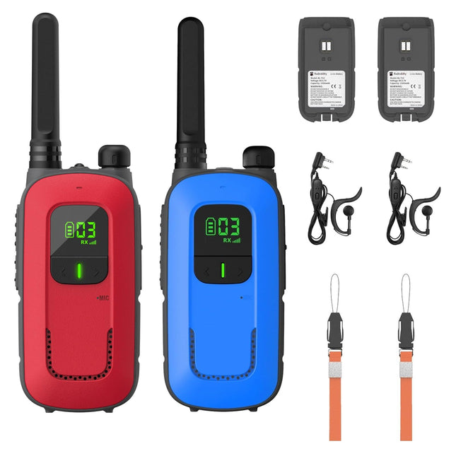 Radioddity PR-T3 rācija bērniem, 16 kanālu PMR446 radio, 3–12 gadus veciem bērniem, VOX ar lukturīti, 4KM diapazons piedzīvojumiem, āra aktivitātēm, kempingam, 2 daļas (sarkans un zils)