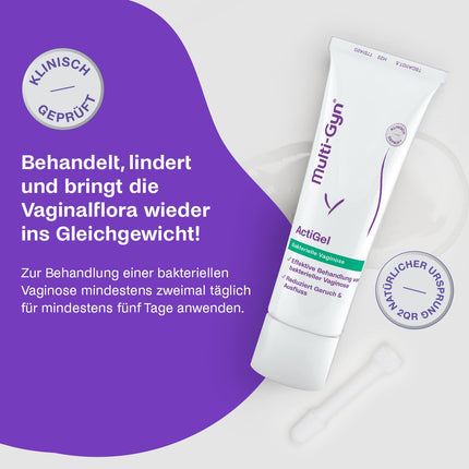 Multi-Gyn ActiGel - bakteriālās vaginozes ārstēšanai un profilaksei. Tūbiņa ar 50 ml gela aptuveni 25 lietošanas reizēm intīmajā zonā un makstī.