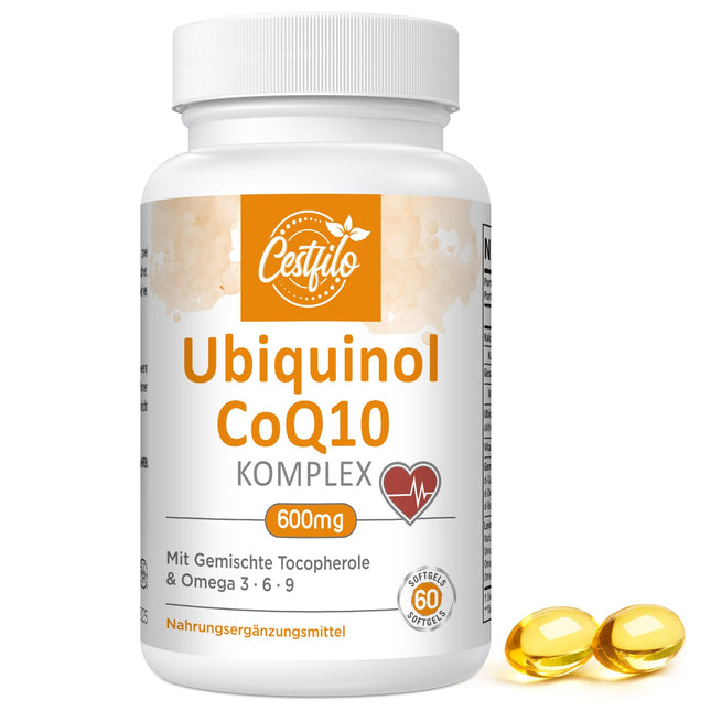 Ubiquinol CoQ10 600 mg mīkstās kapsulas - CoQ10 aktīvā forma plus E vitamīns un Omega 3, 6, 9 - uzlabots koenzīms Q10 60 kapsulas (1 iepakojums)