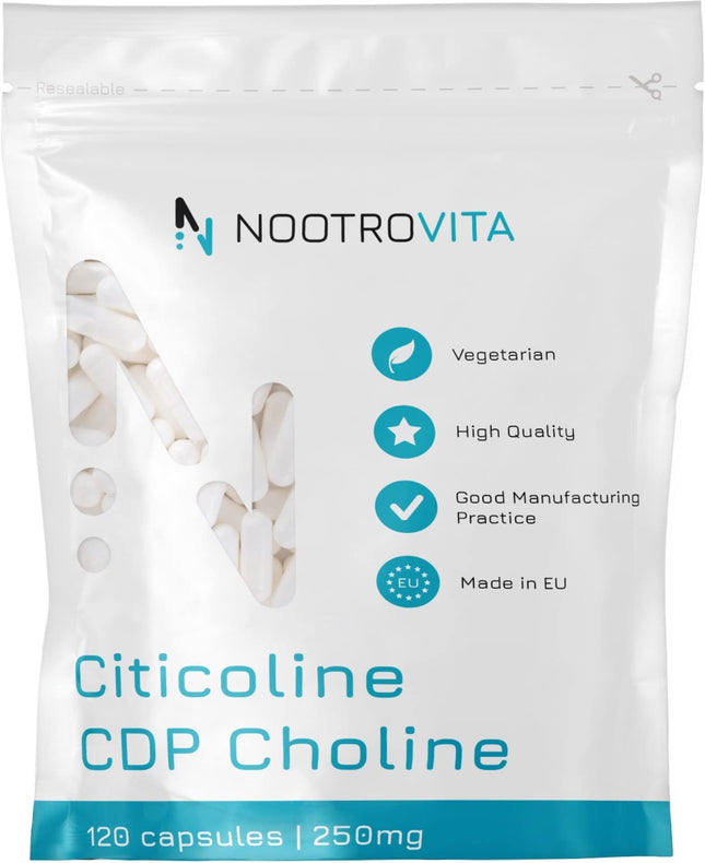 Citicoline CDP holīna 120 kapsulas - atmiņai, koncentrēšanās spējām un kognitīvajām funkcijām | Bez glutēna, bez alergēniem | Ražots ISO sertificētās ražotnēs | Nootrovita