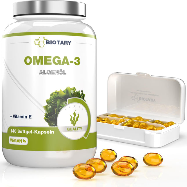 Omega 3 vegāns no aļģu eļļas 140 mīkstās kapsulas | 600 DHA un 300 EPA+ E vitamīns vienā dienas devā | apm. 3 mēnešu krājumi, ieskaitot tablešu kastīti | laboratoriski pārbaudīts | augsta biopieejamība