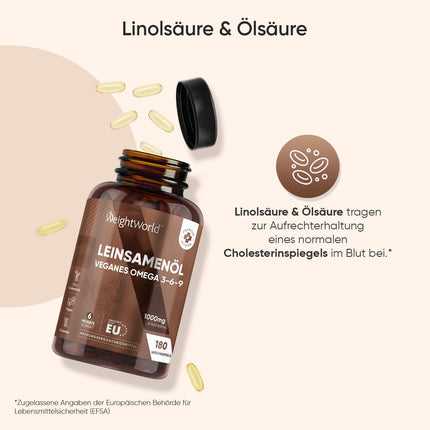 Omega 3 6 9 mīkstās kapsulas - no linsēklu eļļas - 180 vegānas mīkstās kapsulas - 1000 mg vienā mīkstajā kapsulā - alternatīva aļģu eļļai - alfa linolēnskābe, linolskābe, oleīnskābe - linsēklu eļļa - WeightWorld