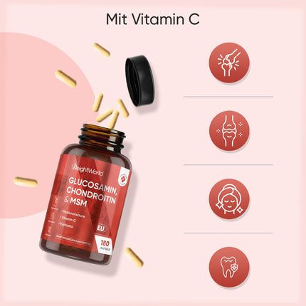 Glikozamīns, hondroitīns un MSM - 180 kapsulas - C vitamīns veicina normālu kolagēna veidošanos kaulu un skrimšļu funkcijai (EFSA) - Ar kurkumu un hialuronskābi - WeightWorld